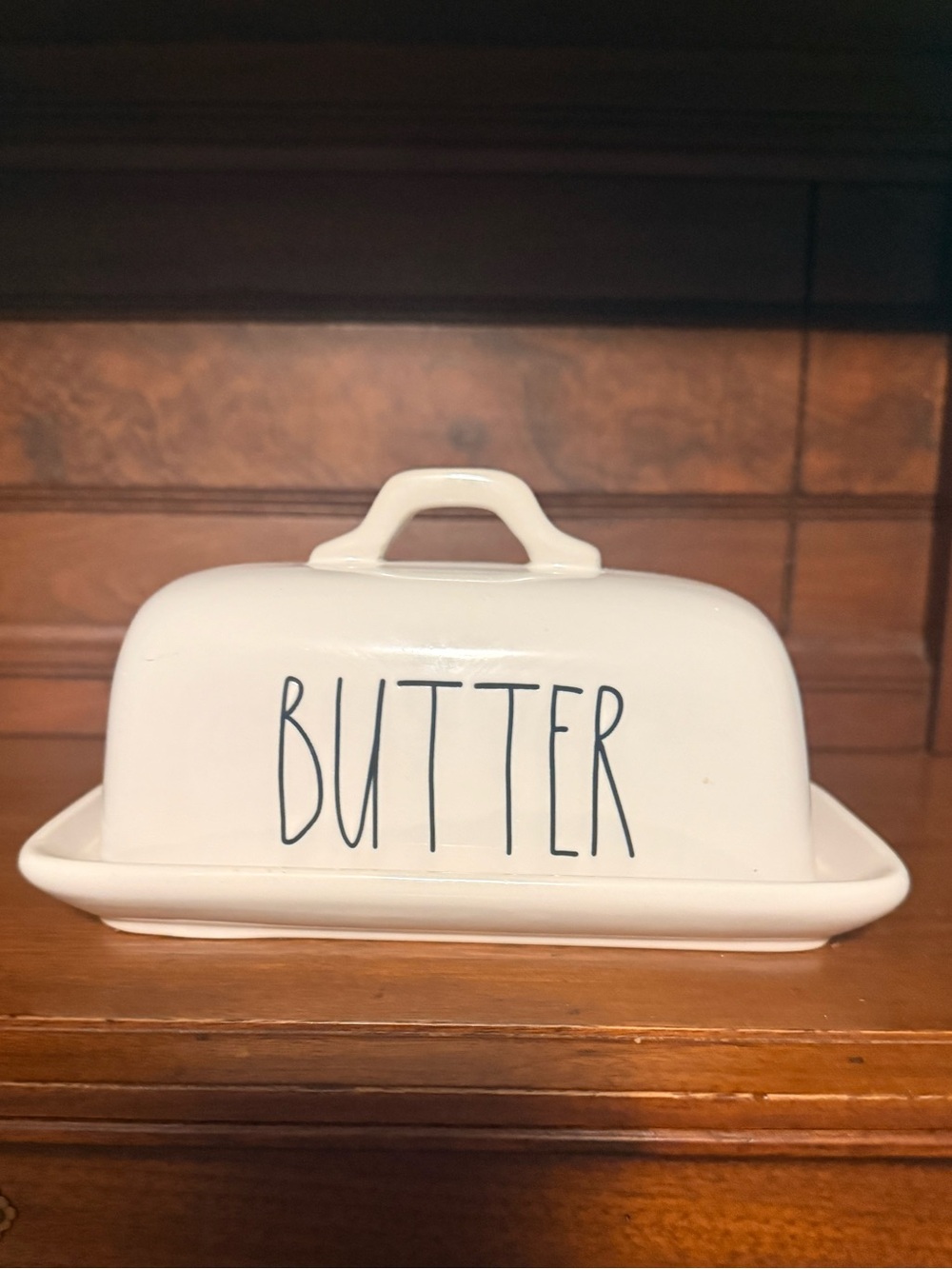 Rae Dunn White Ceramic Butter Dish with Handle - 'BUTTER' Lettering